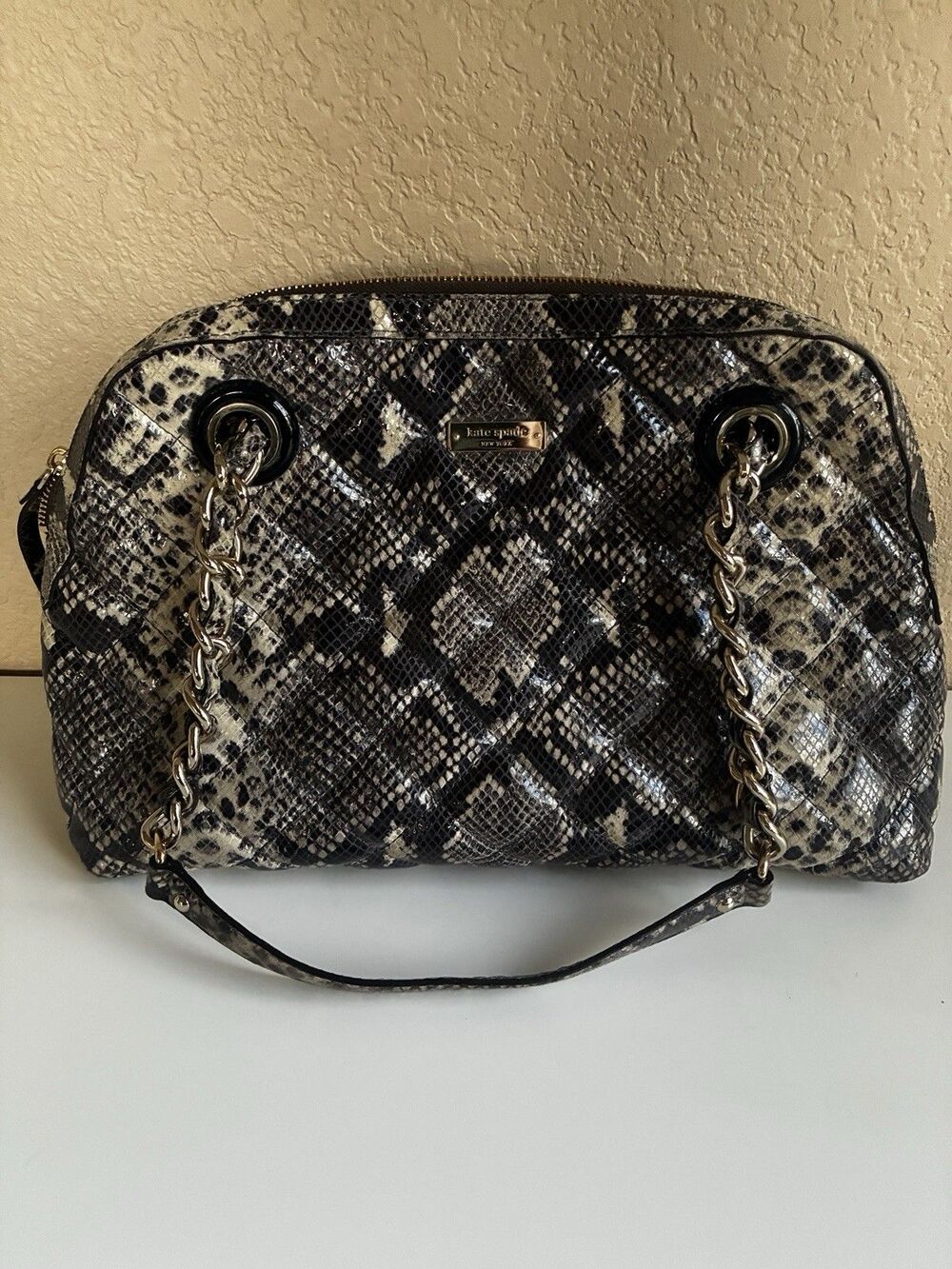 Kate Spade Georgina Snake Print Quilted Satchel Gold Chain Bag Purse Gray Black